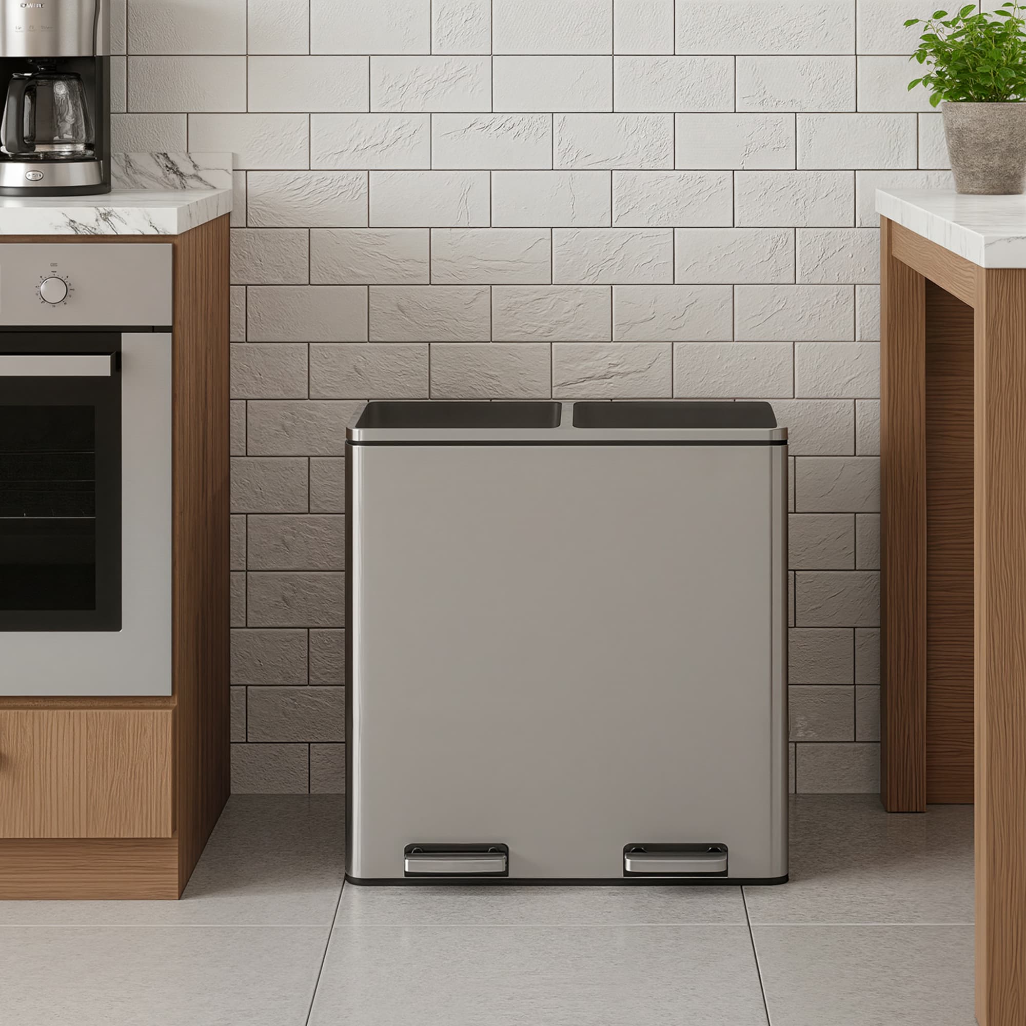 Pedal Rubbish Bin – Stainless Steel – Silver – Dual Compartment with Soft-Close and Plastic Inner Buckets