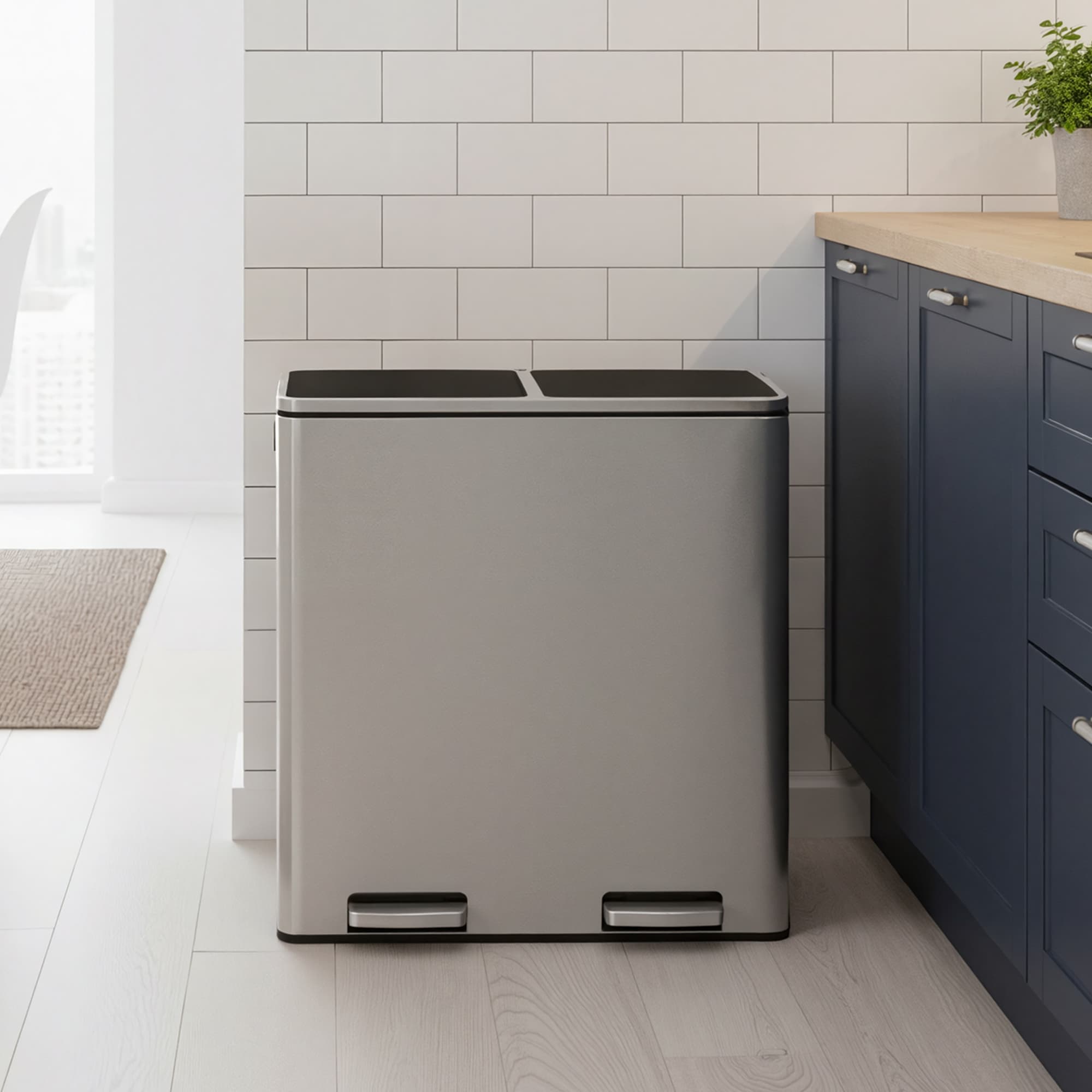 Pedal Rubbish Bin – Stainless Steel – Silver – Dual Compartment with Soft-Close and Plastic Inner Buckets