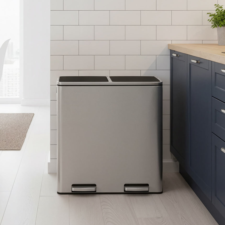 Pedal Rubbish Bin – Stainless Steel – Silver – Dual Compartment with Soft-Close and Plastic Inner Buckets