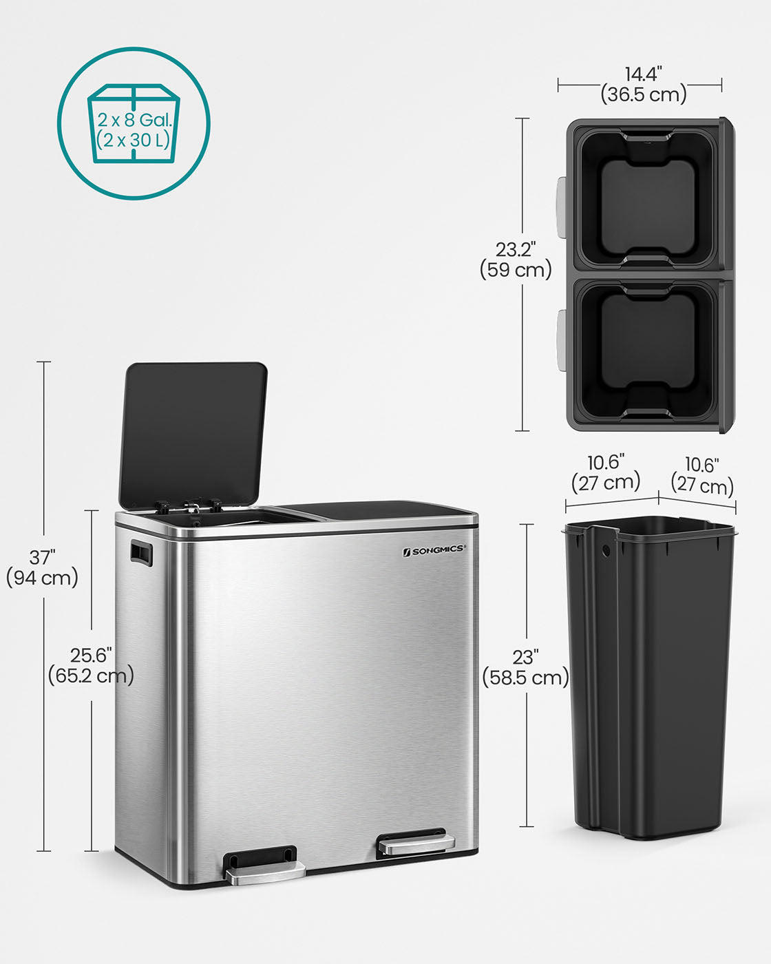 Double Rubbish Bin – Stainless Steel – Fingerprint Proof – Dual Compartment 2 x 30L