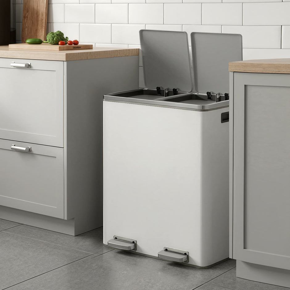 60L Dual Compartment Pedal Rubbish Bin – Plastic – White and Grey – Soft-Close with Inner Buckets