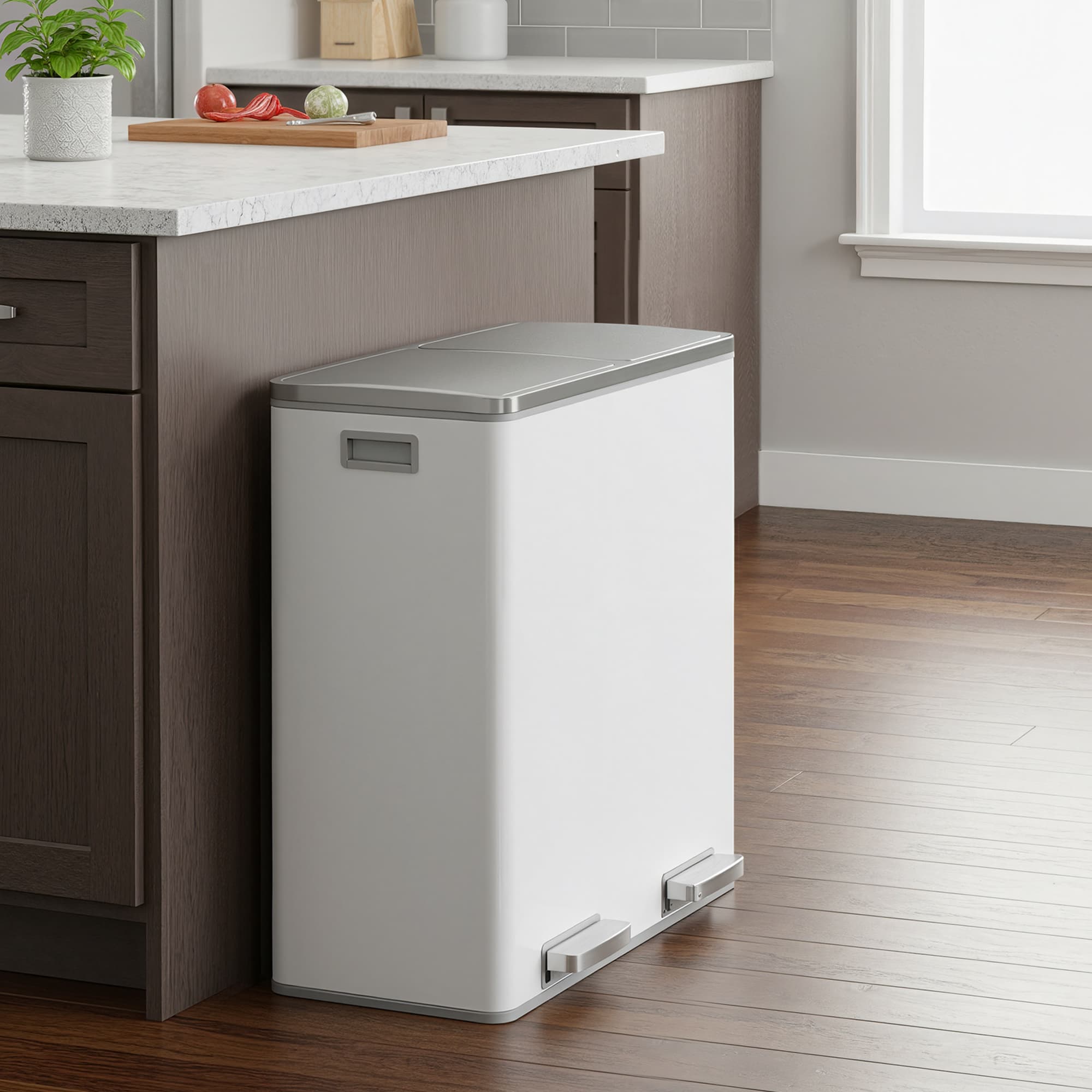 60L Dual Compartment Pedal Rubbish Bin – Plastic – White and Grey – Soft-Close with Inner Buckets