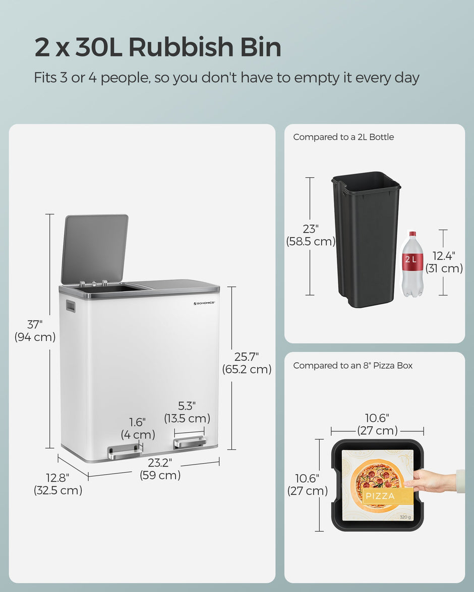Dual Compartment Trash Can – Stainless Steel – Fingerprint Proof – 2 x 30L Capacity