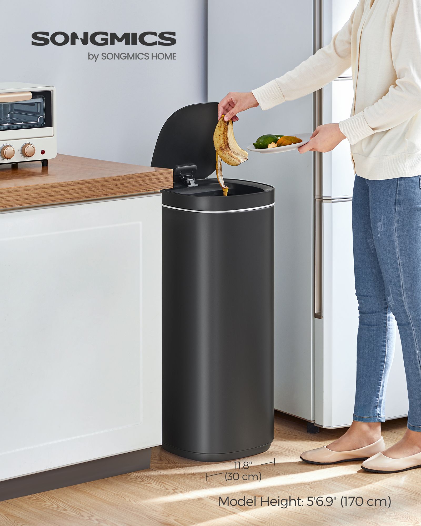 Automatic Rubbish Bin – Steel – Ink Black – Motion Sensor with Ozone Odour Control and Stay-Open Lid