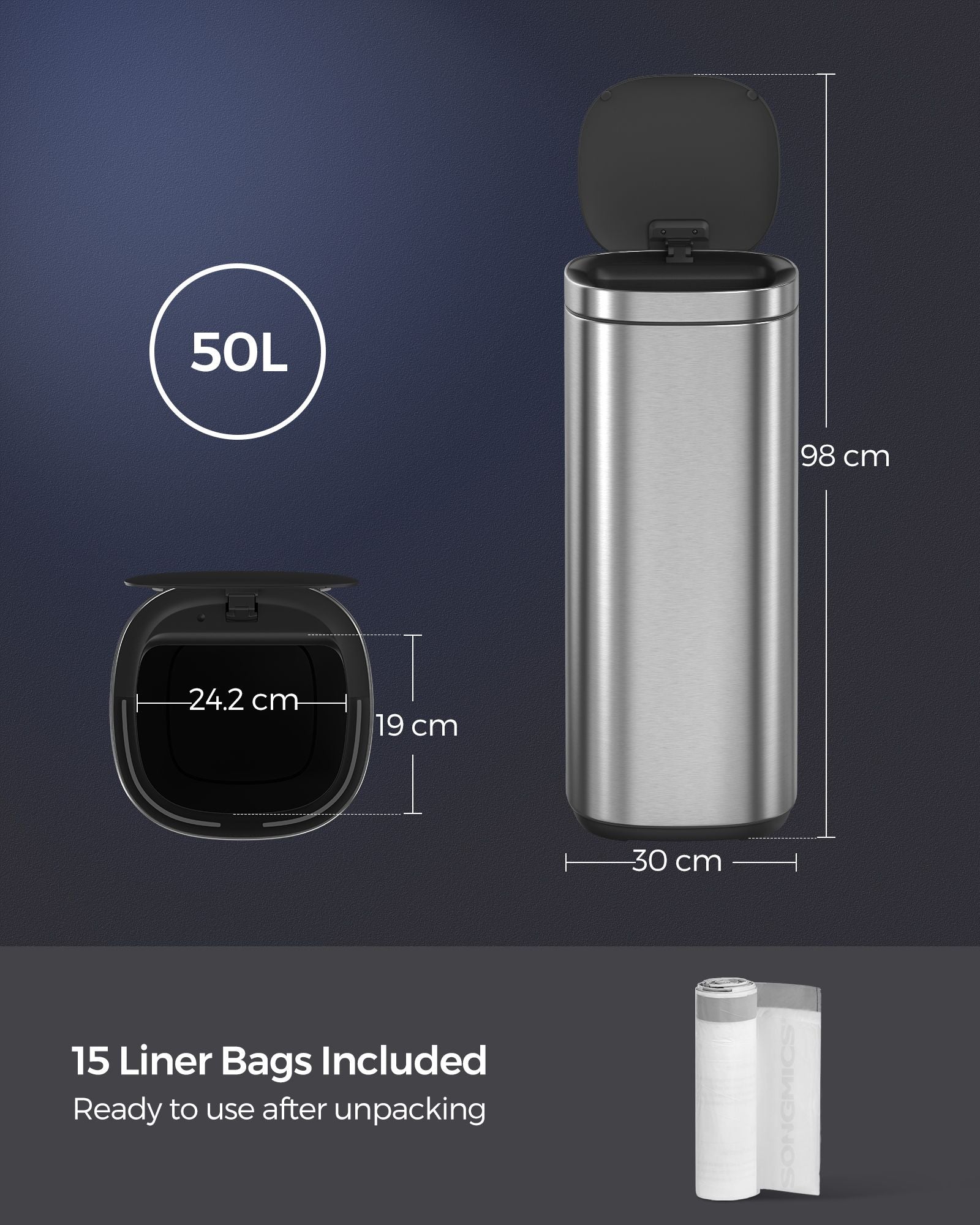 Automatic Rubbish Bin – Stainless Steel – Silver – Motion Sensor with Ozone Odour Control