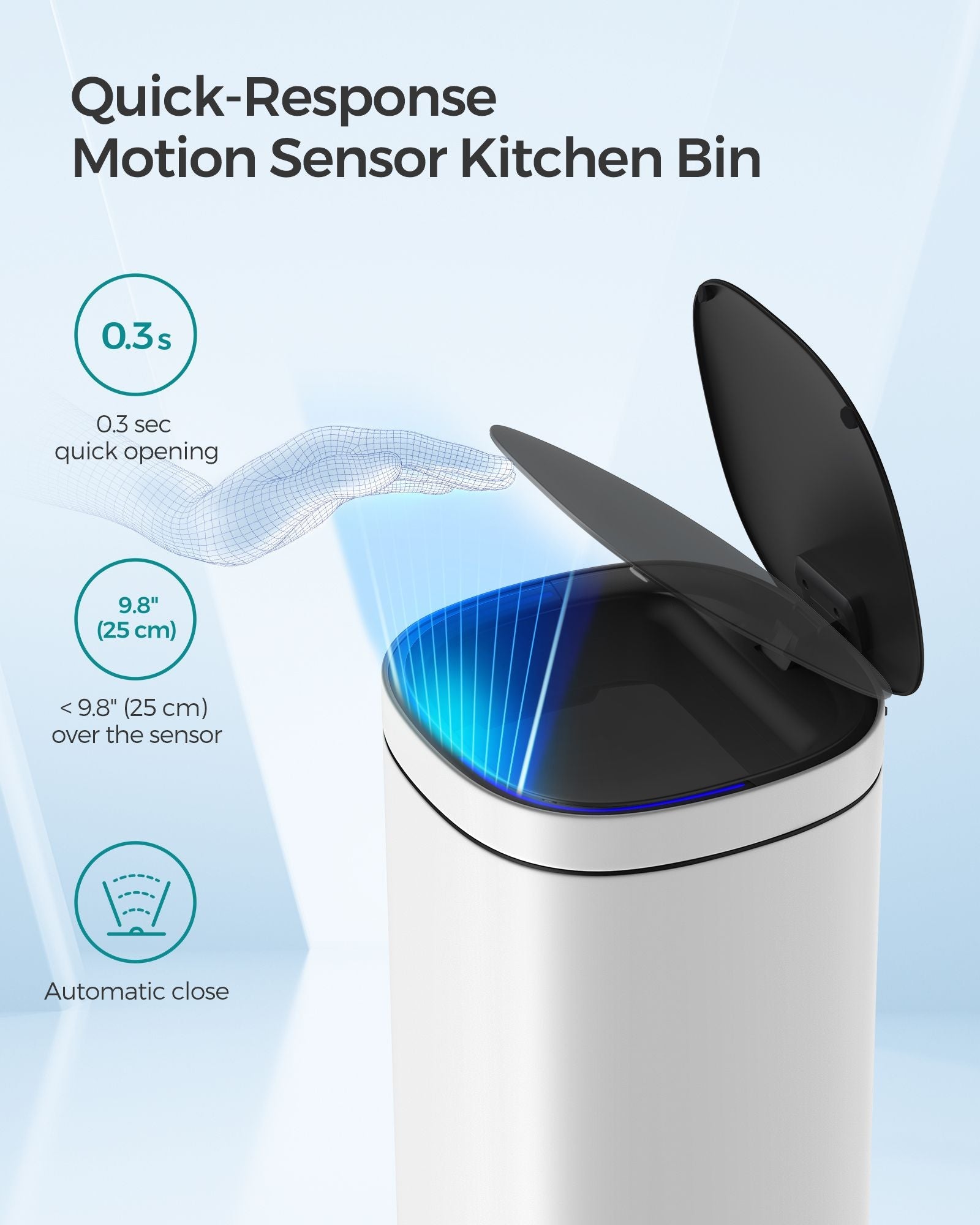 Automatic Rubbish Bin – Steel – Cloud White – Motion Sensor with Ozone Odour Control and Stay-Open Lid