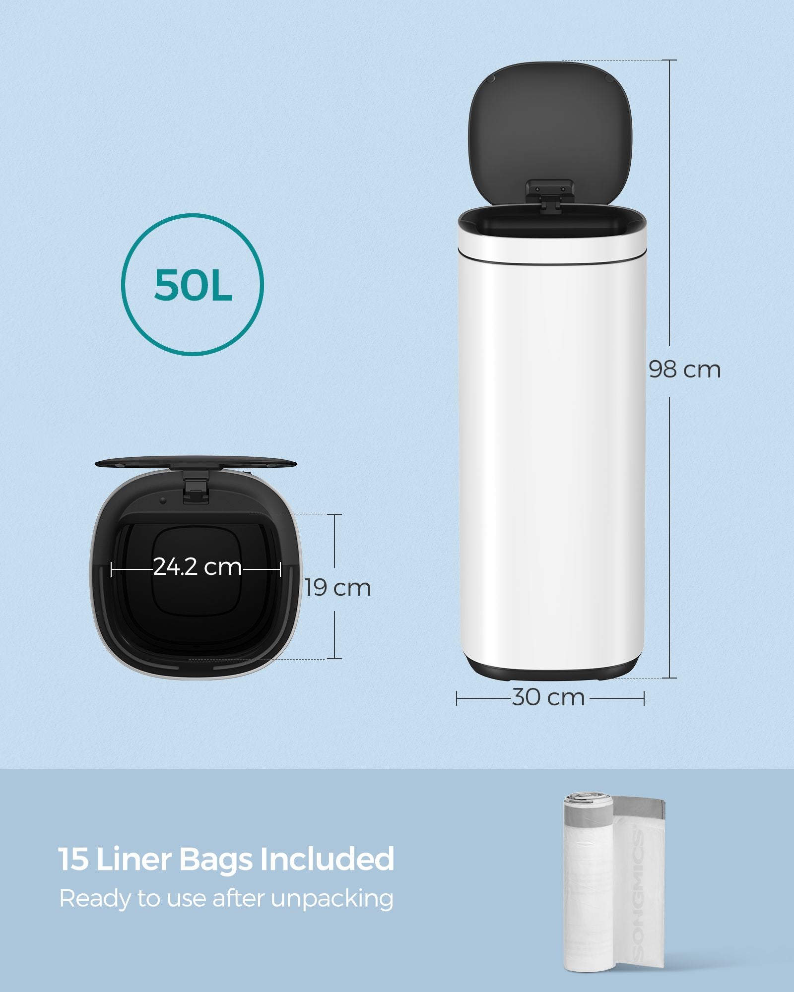 Automatic Rubbish Bin – Steel – Cloud White – Motion Sensor with Ozone Odour Control and Stay-Open Lid