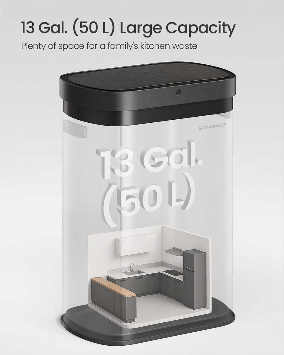 Motion Sensor Kitchen Bin – Steel – Ink Black – 13-Gallon Capacity with Automatic Opening and Soft Close Lid