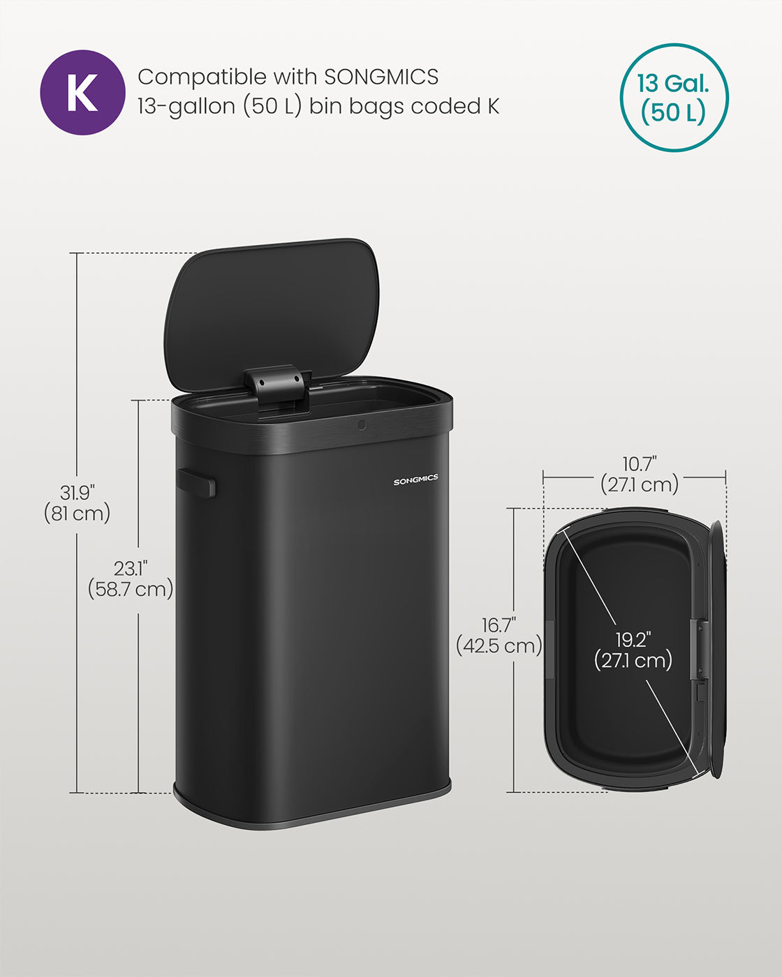 Motion Sensor Kitchen Bin – Steel – Ink Black – 13-Gallon Capacity with Automatic Opening and Soft Close Lid