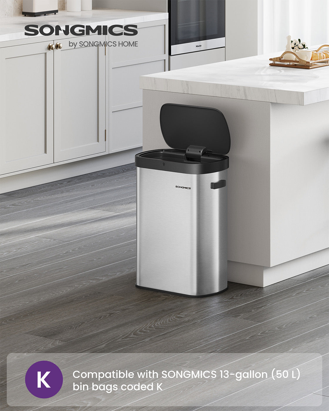 Motion Sensor Kitchen Bin – Steel – Ink Black – 13-Gallon Capacity with Automatic Opening and Soft Close Lid