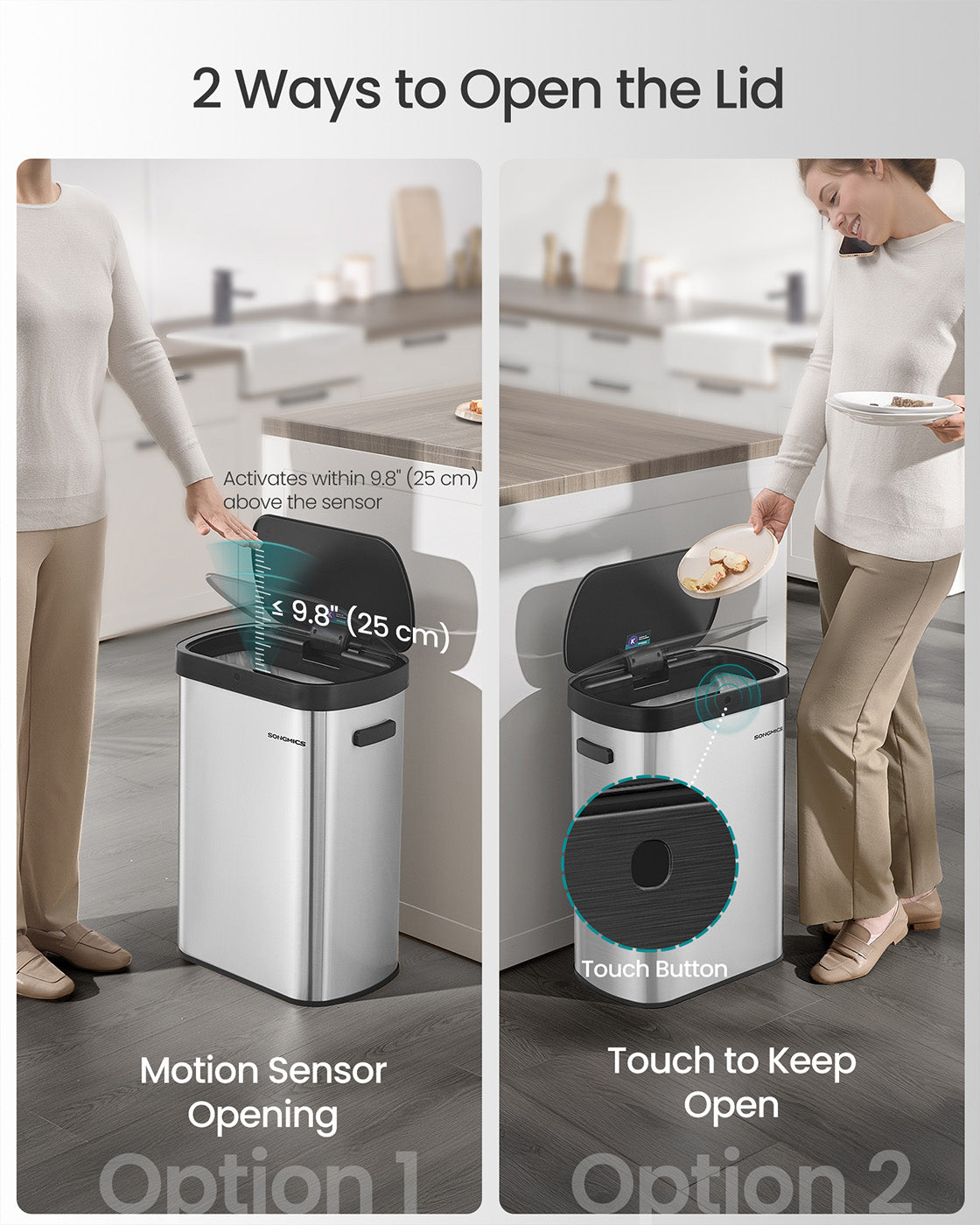 Motion Sensor Kitchen Bin – Steel – Ink Black – 13-Gallon Capacity with Automatic Opening and Soft Close Lid