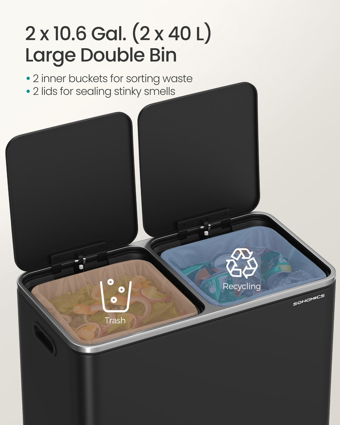 Dual Recycling Bin – Metal – Black – 2-Compartment with Soft Closure and Pedals
