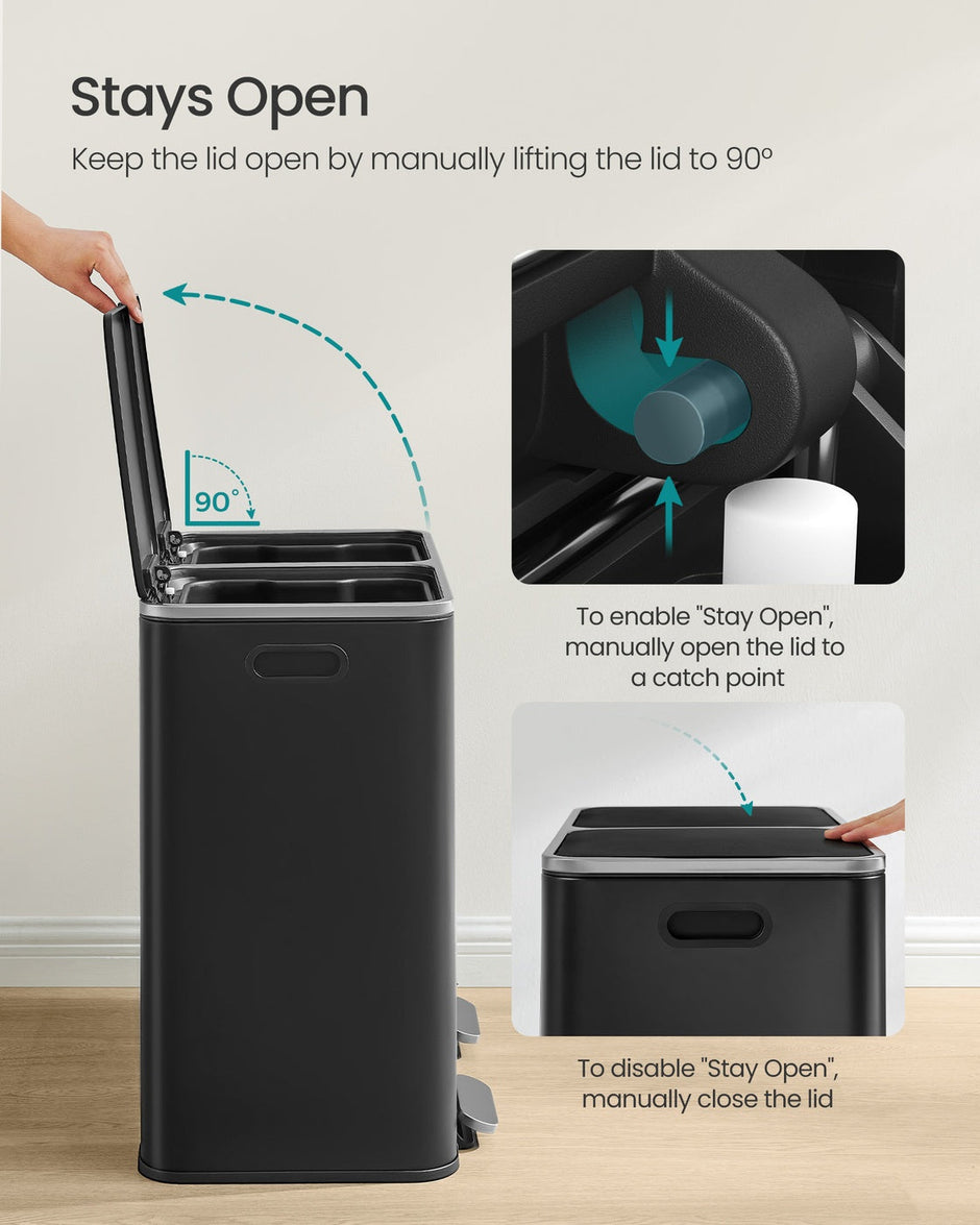 Dual Recycling Bin – Metal – Black – 2-Compartment with Soft Closure and Pedals