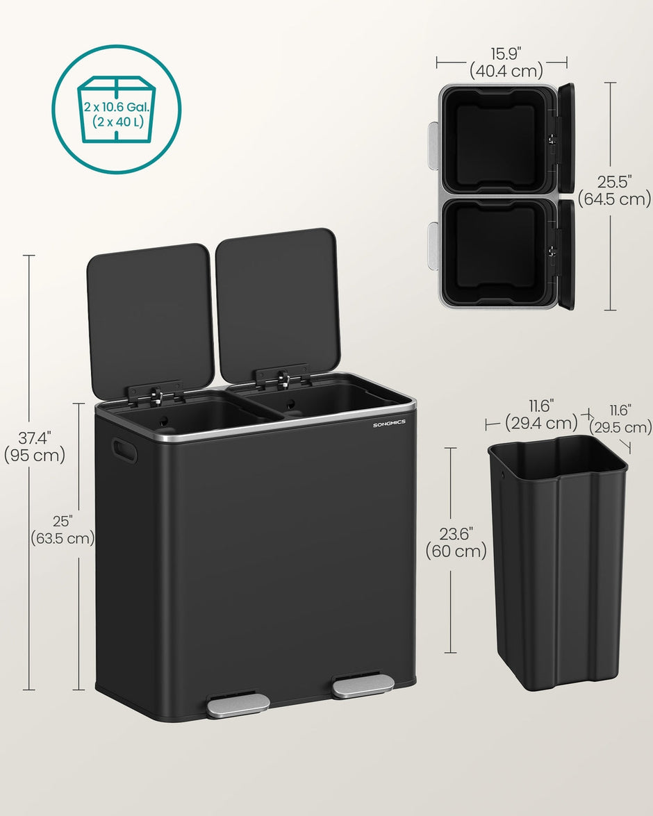 Dual Recycling Bin – Metal – Black – 2-Compartment with Soft Closure and Pedals