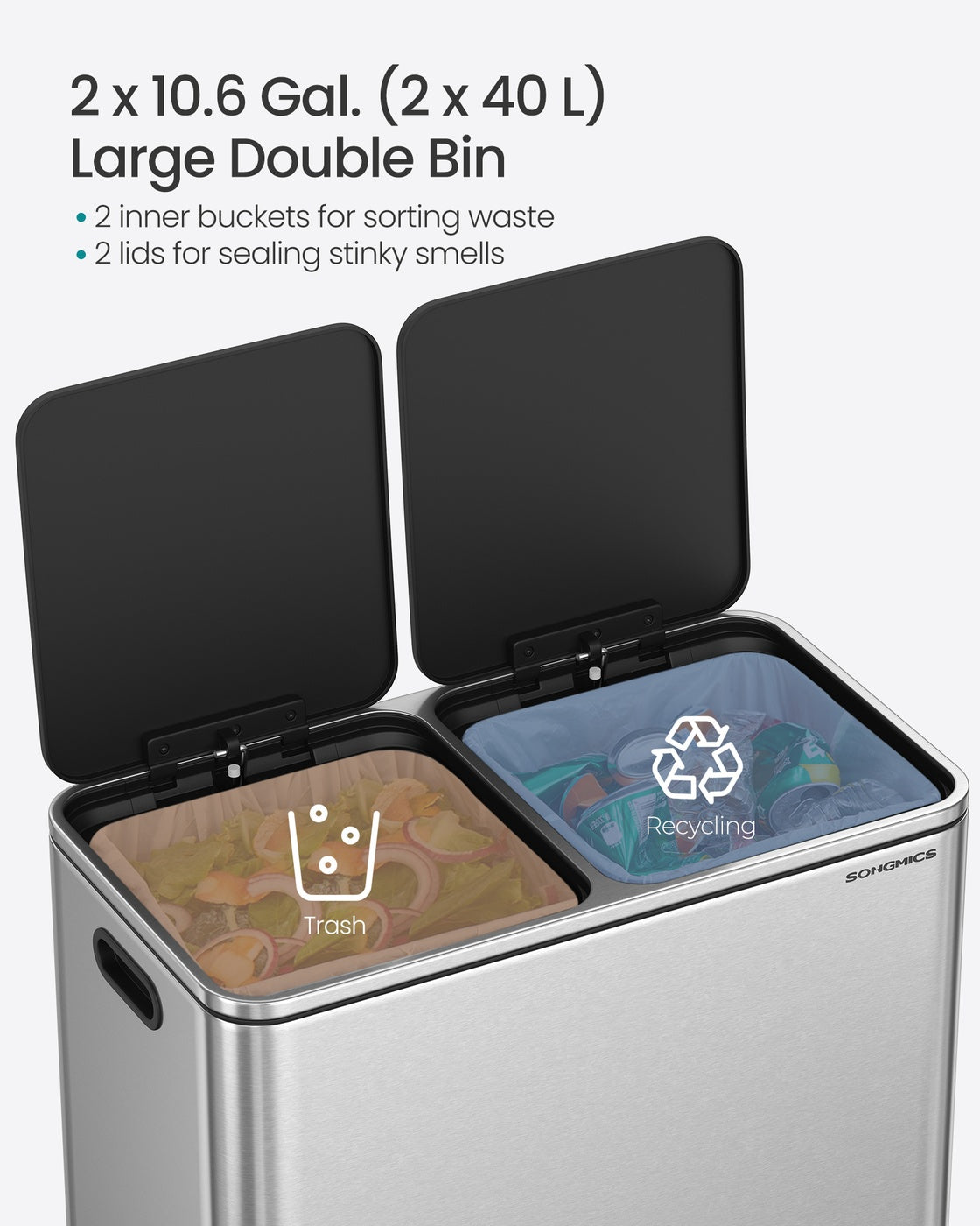 Dual Compartment Recycling Bin – Metal – Black – Pedal-Activated with Soft Close Lids