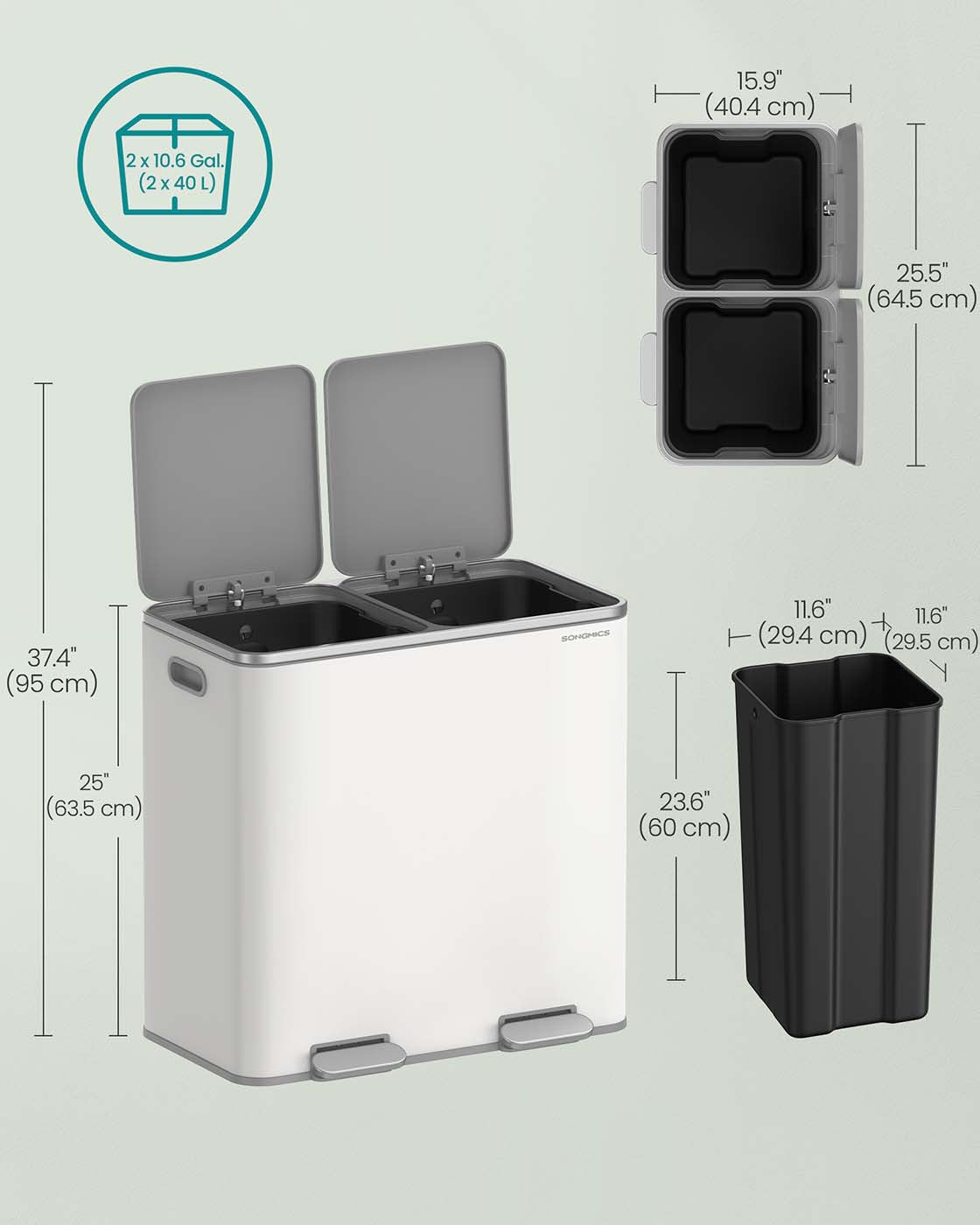 Dual Compartment Recycling Bin – Metal – Black – Pedal-Activated with Soft Close Lids