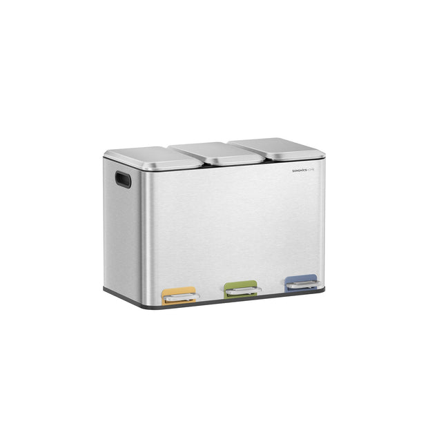 Triple Kitchen Bin – Steel – Metallic Silver – Colour-Coded Pedals for Waste Separation