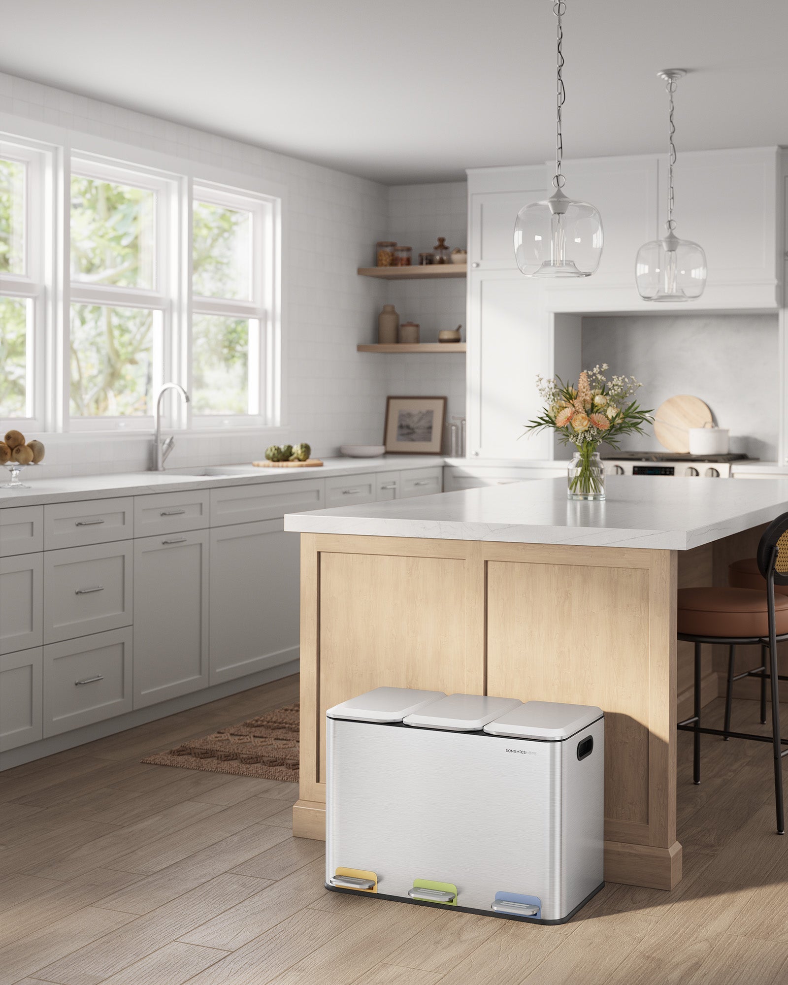 Triple Kitchen Bin – Steel – Cloud White – Colour-Coded Pedals for Waste Separation