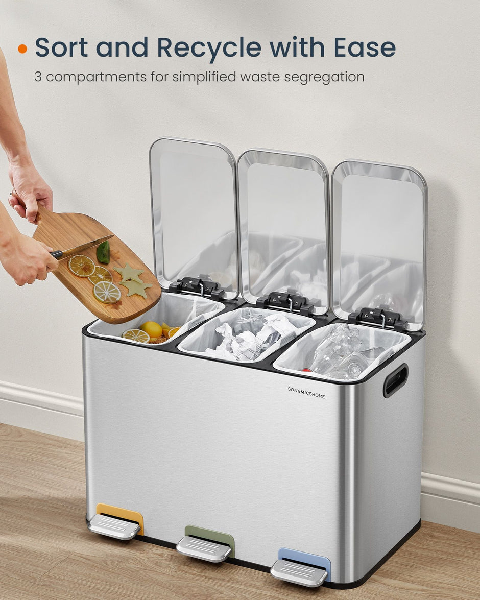 Triple Kitchen Bin – Steel – Metallic Silver – Colour-Coded Pedals for Waste Separation