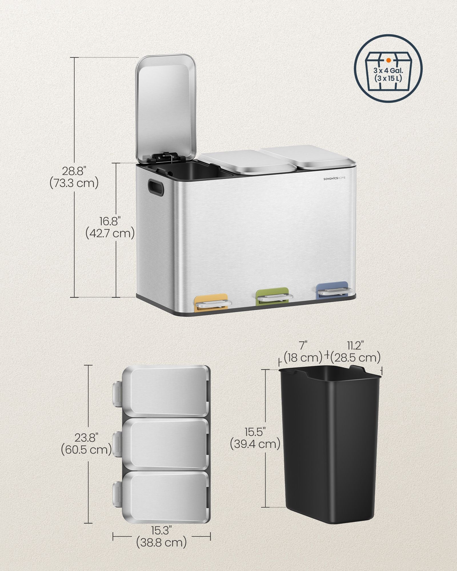 Triple Kitchen Bin – Steel – Cloud White – Colour-Coded Pedals for Waste Separation