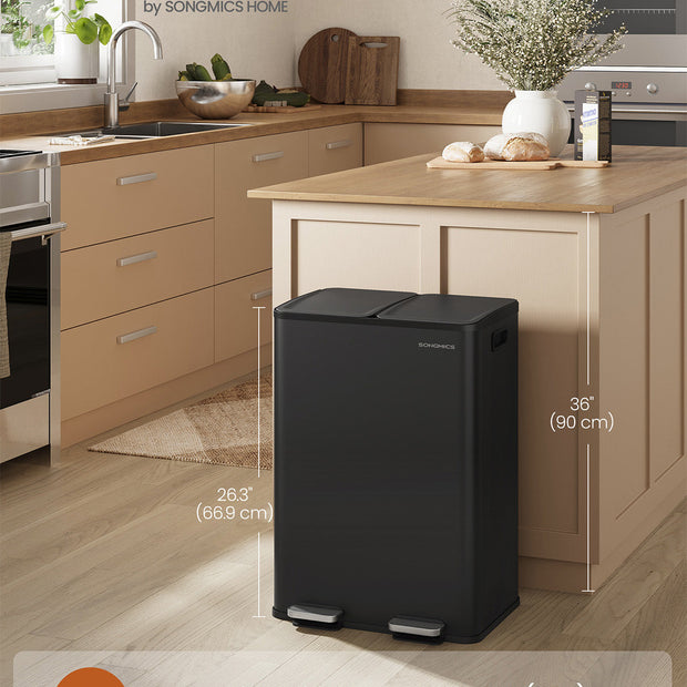 Dual Compartment Pedal Bin – Steel – Ink Black – Soft-Close Lid with Inner Buckets