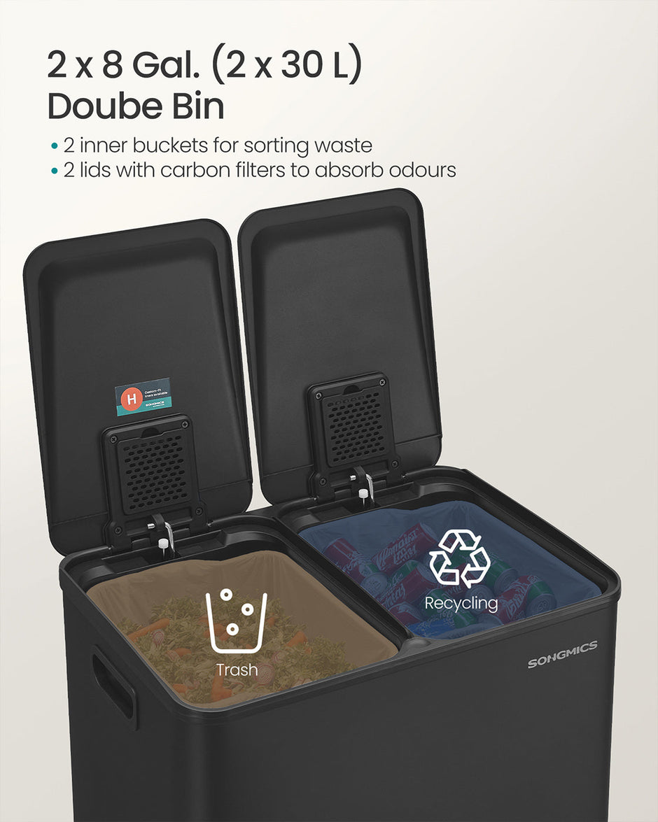Dual Compartment Pedal Bin – Steel – Ink Black – Soft-Close Lid with Inner Buckets