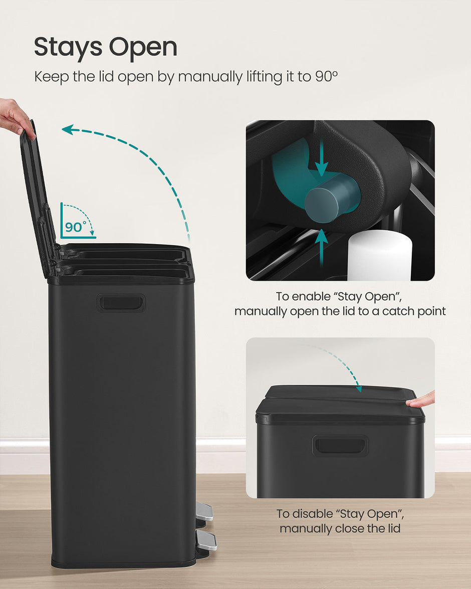 Dual Compartment Pedal Bin – Steel – Ink Black – Soft-Close Lid with Inner Buckets