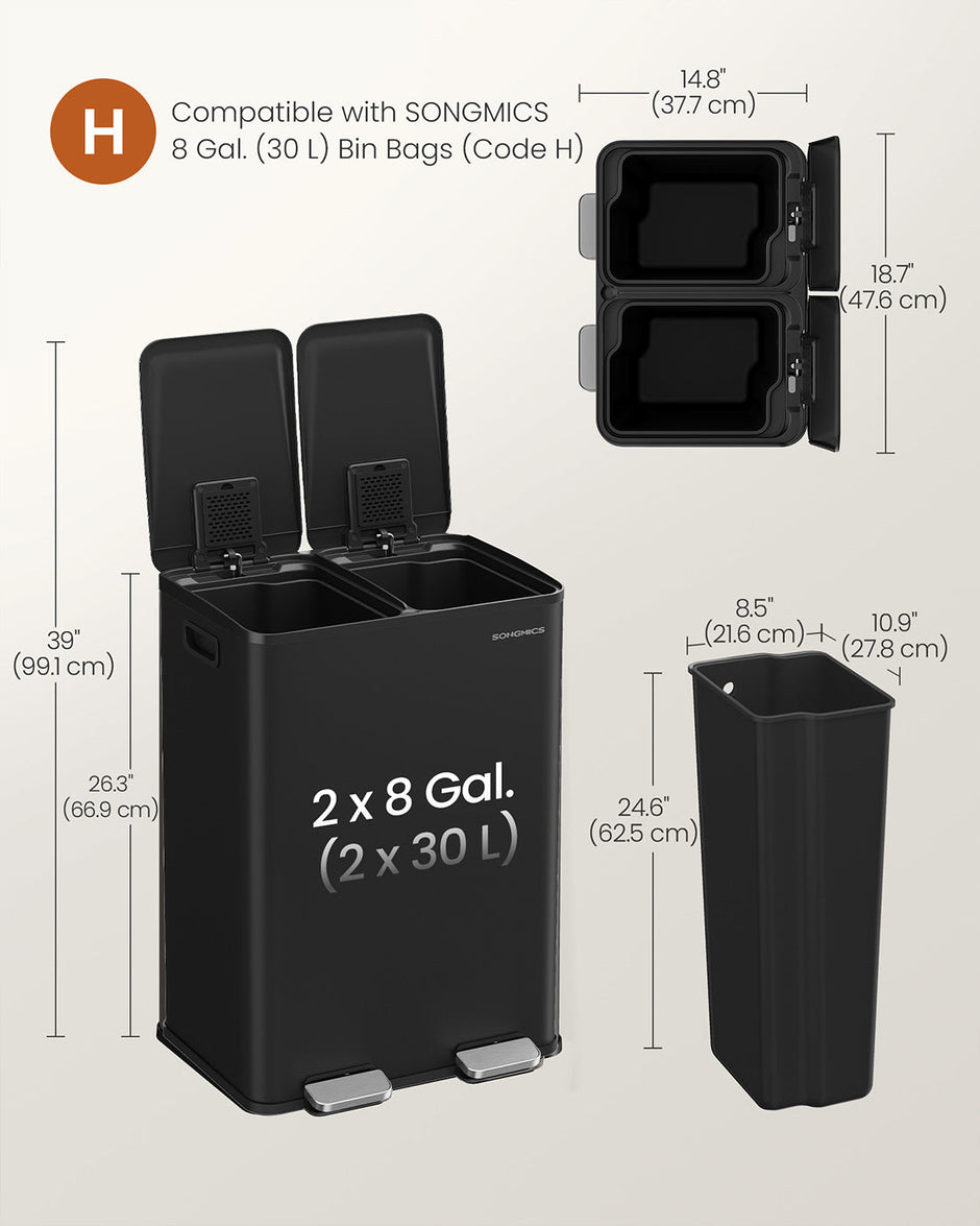 Dual Compartment Pedal Bin – Steel – Ink Black – Soft-Close Lid with Inner Buckets