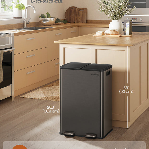 Dual Compartment Pedal Bin – Steel – Ink Black – Soft-Close Lid with Inner Buckets