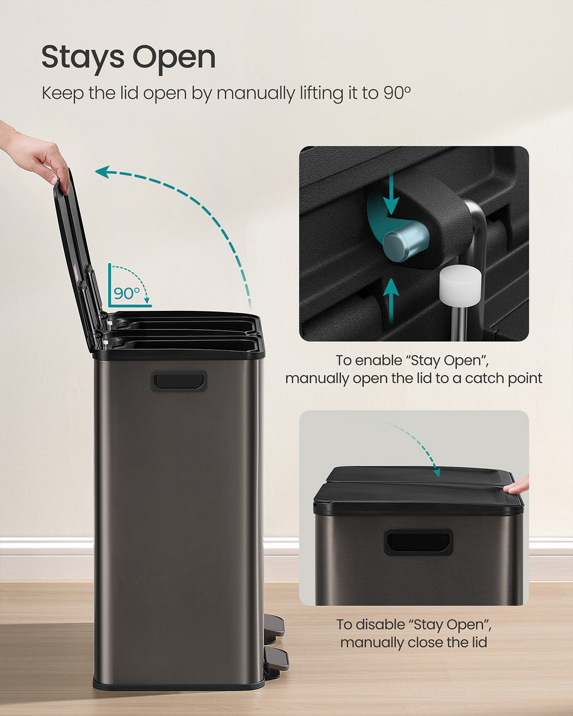Dual Compartment Pedal Bin – Steel – Ink Black – Soft-Close Lid with Inner Buckets