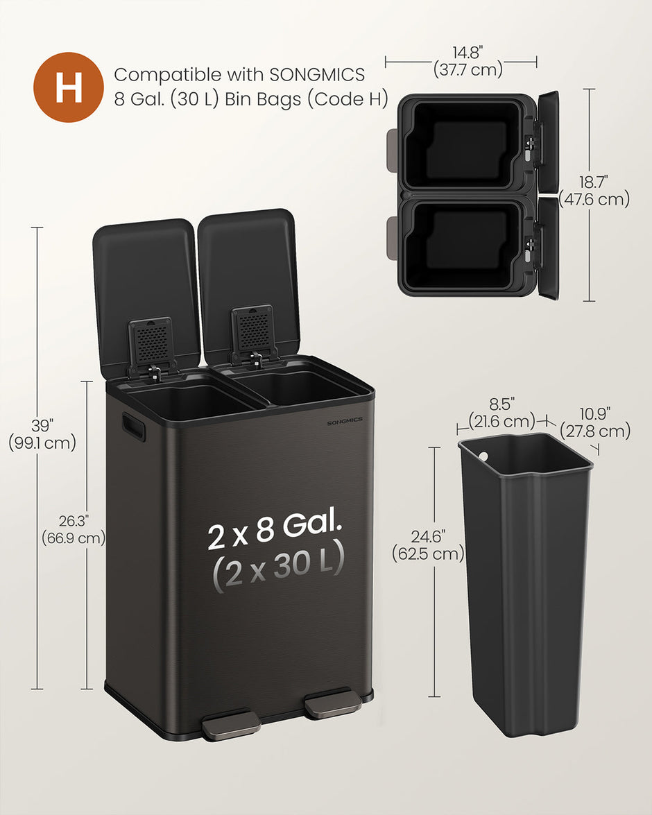 Dual Compartment Pedal Bin – Steel – Ink Black – Soft-Close Lid with Inner Buckets