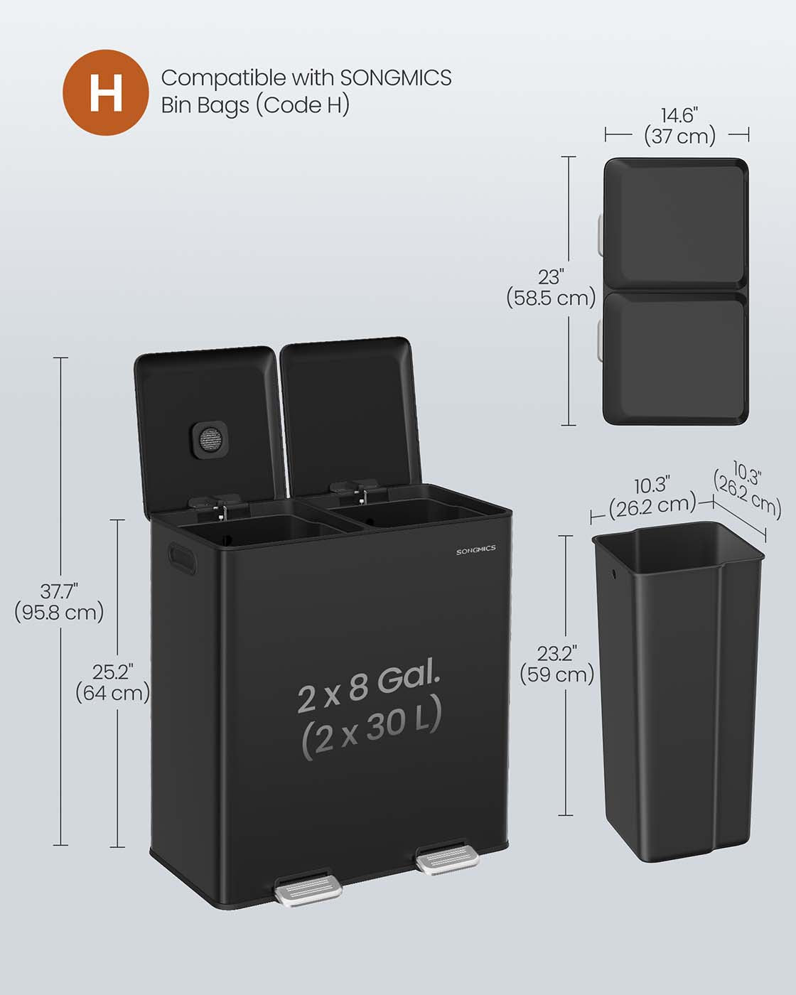 Double Kitchen Bin – Stainless Steel – Metallic Silver – Soft-Close Lids with Removable Inner Buckets