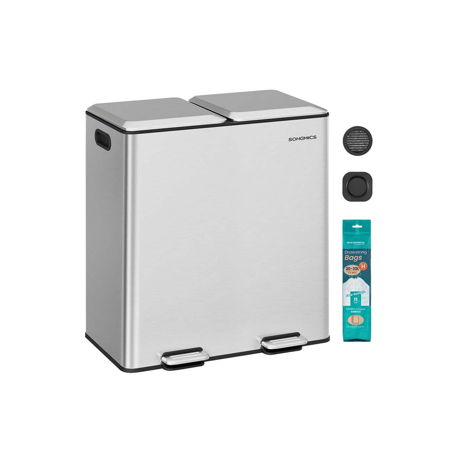 Double Kitchen Bin – Stainless Steel – Metallic Silver – Soft-Close Lids with Removable Inner Buckets
