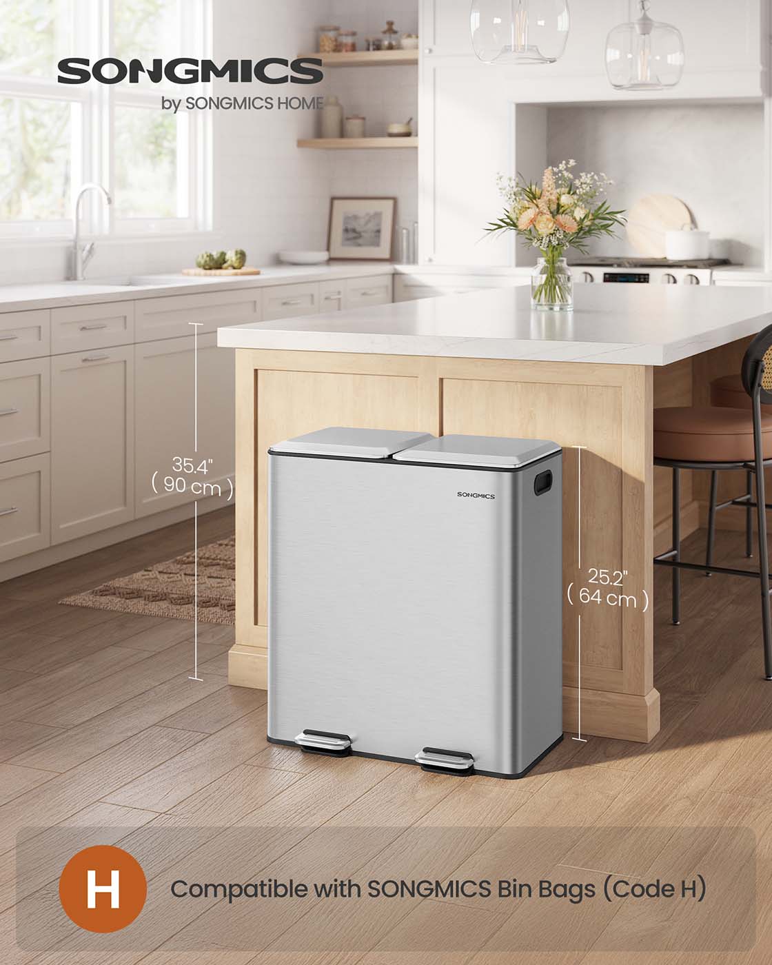 Double Kitchen Bin – Stainless Steel – Metallic Silver – Soft-Close Lids with Removable Inner Buckets