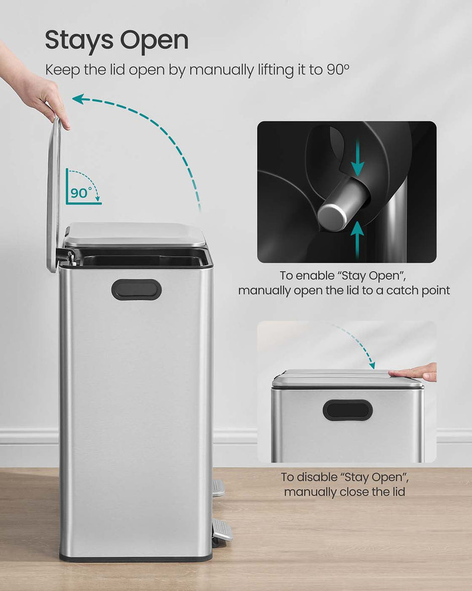 Double Kitchen Bin – Stainless Steel – Metallic Silver – Soft-Close Lids with Removable Inner Buckets