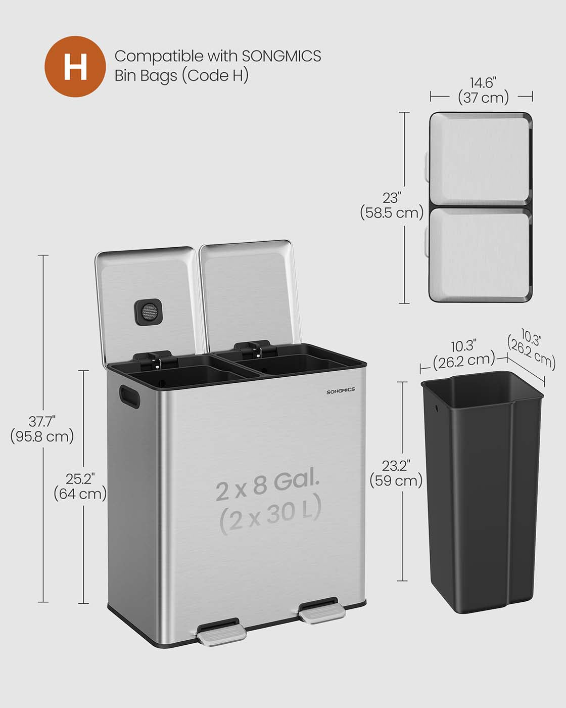 Double Kitchen Bin – Stainless Steel – Metallic Silver – Soft-Close Lids with Removable Inner Buckets