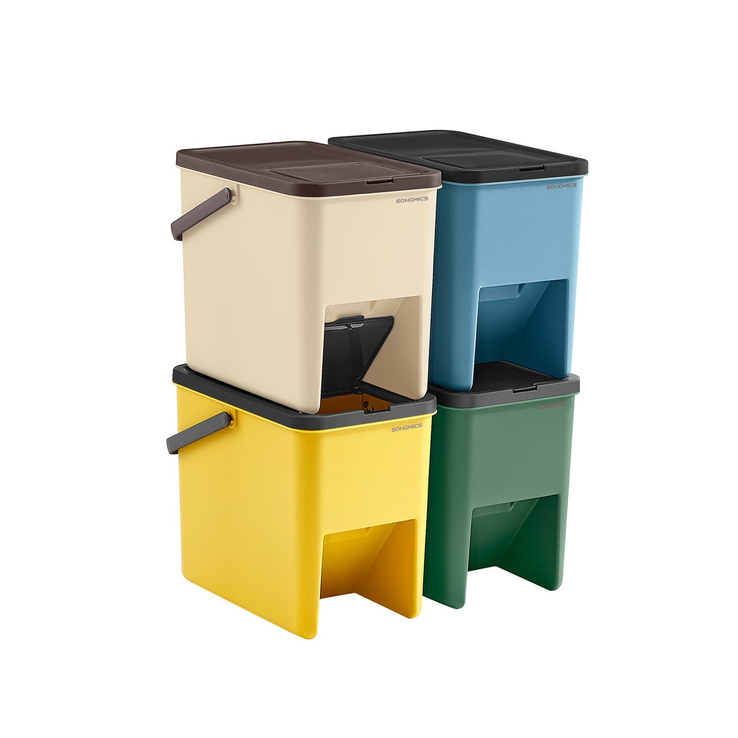 Set of 4 Stackable Recycling Bins – Plastic – Beige and Green – 20L Each with Press-to-Open Lids and Waste Separation System