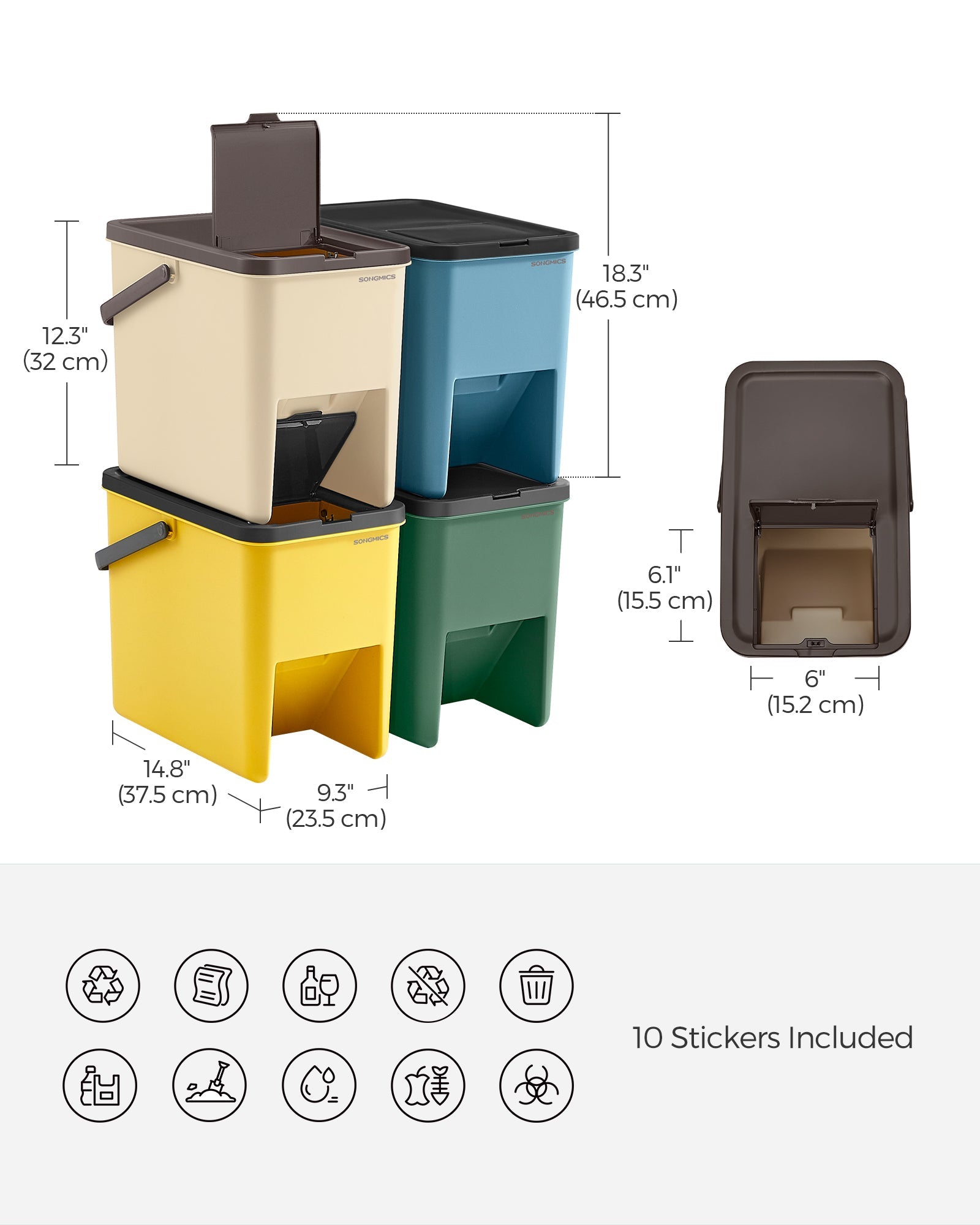 Set of 4 Stackable Recycling Bins – Plastic – Beige and Green – 20L Each with Press-to-Open Lids and Waste Separation System