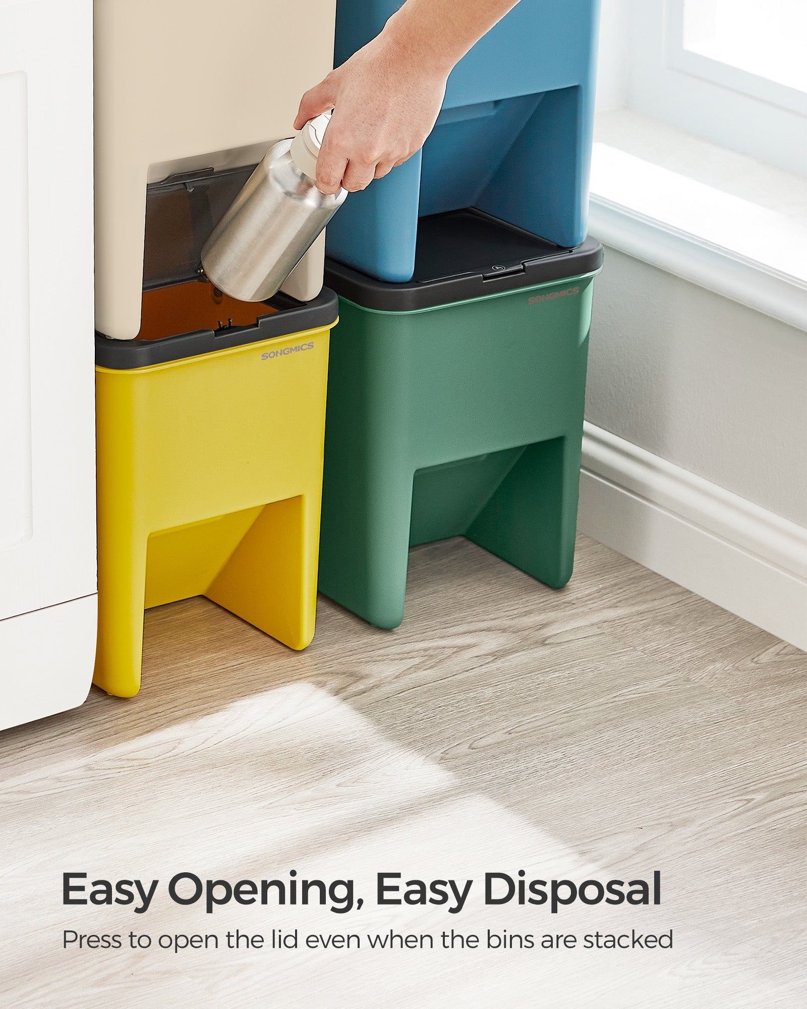 Set of 4 Stackable Recycling Bins – Plastic – Beige and Green – 20L Each with Press-to-Open Lids and Waste Separation System