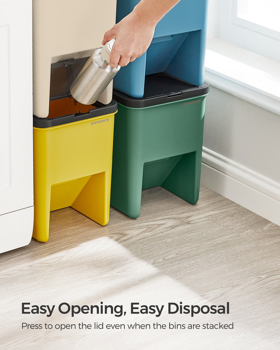 Set of 4 Stackable Recycling Bins – Plastic – Beige and Green – 20L Each with Press-to-Open Lids and Waste Separation System
