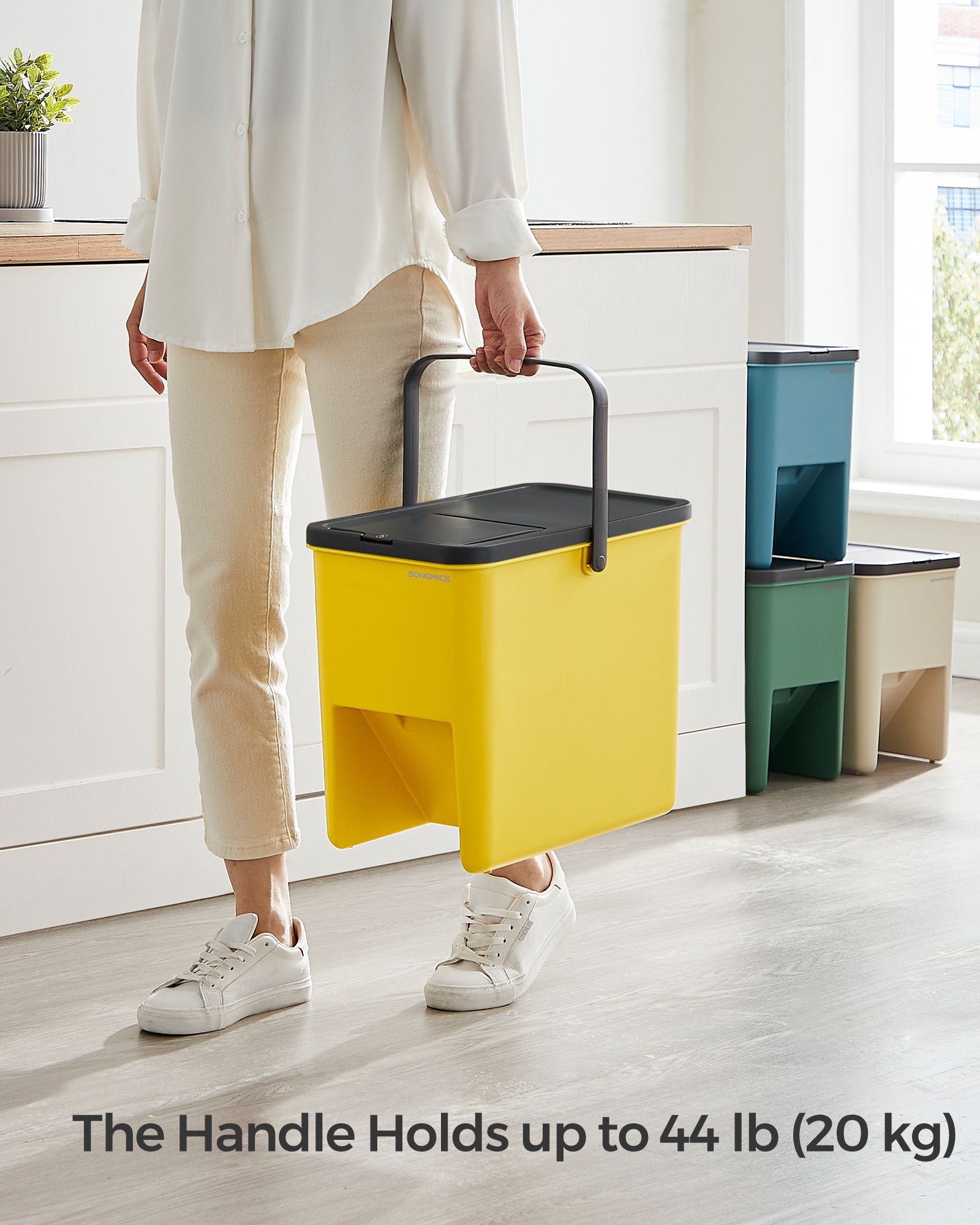 Set of 4 Stackable Recycling Bins – Plastic – Beige and Green – 20L Each with Press-to-Open Lids and Waste Separation System