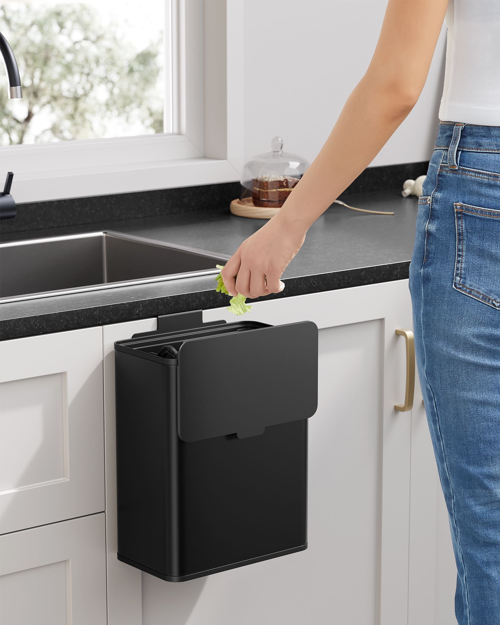 Hanging Kitchen Bin – Steel – Ink Black – 8L Capacity with Lid and Hooks