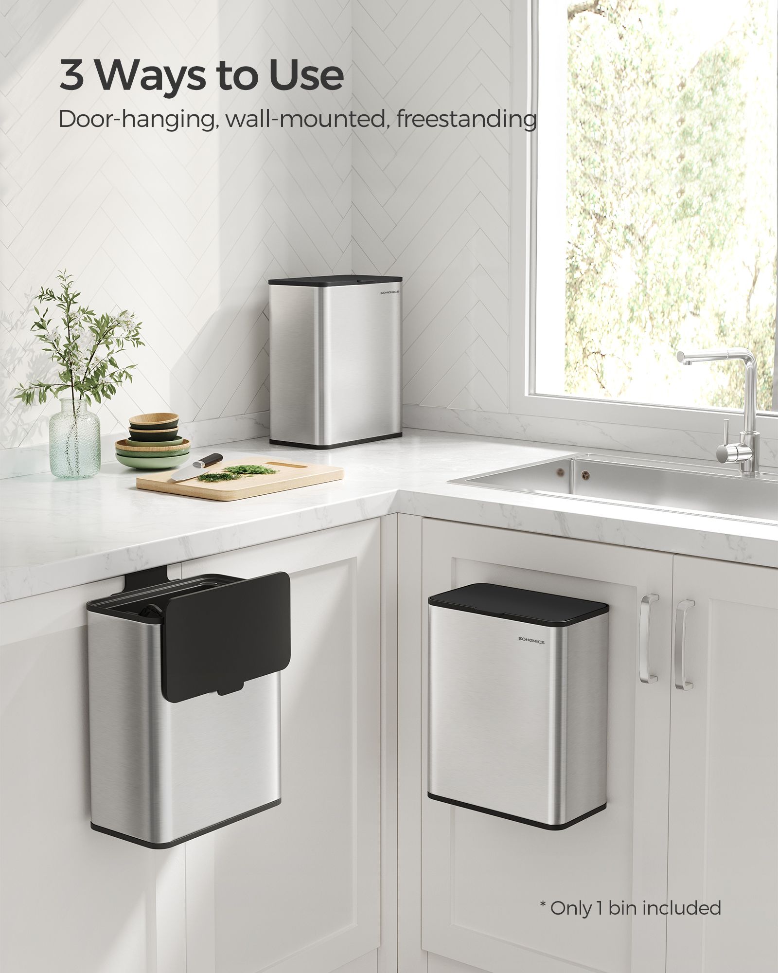 8L Steel Hanging Kitchen Bin – Silver – Lid Included – Food Waste Collection