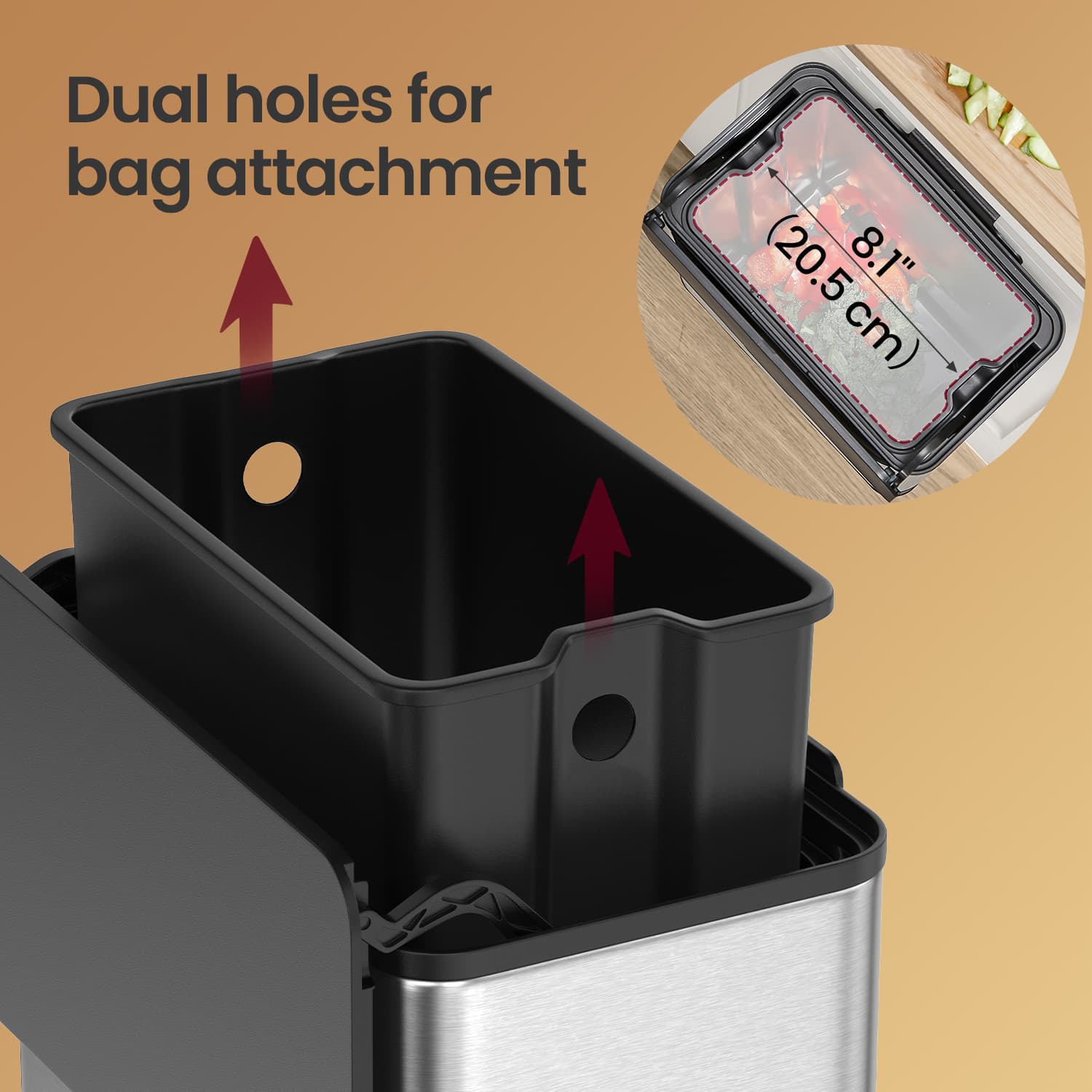 Hanging Kitchen Trash Can – Steel – 8L – Lid with Wall-Mount and Cabinet Door Hooks