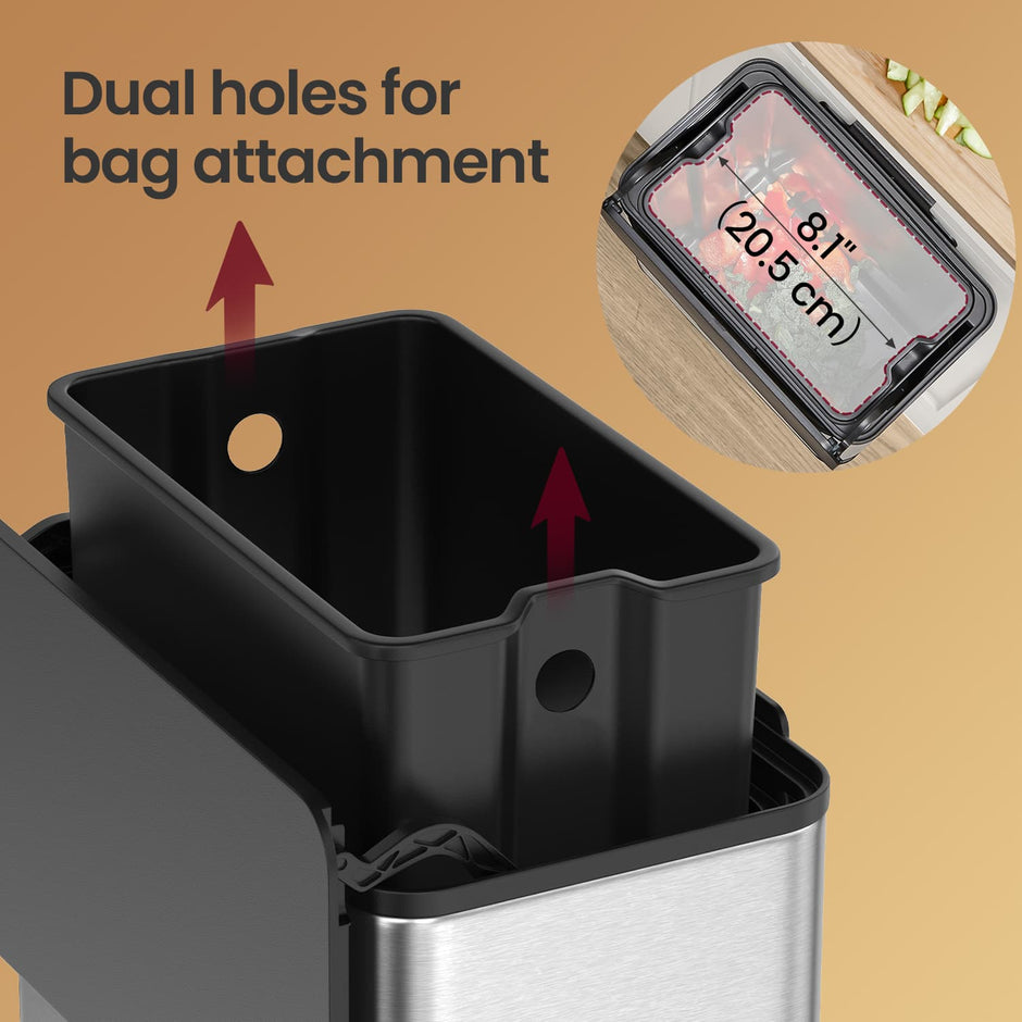 Hanging Kitchen Trash Can – Steel – 8L – Lid with Wall-Mount and Cabinet Door Hooks