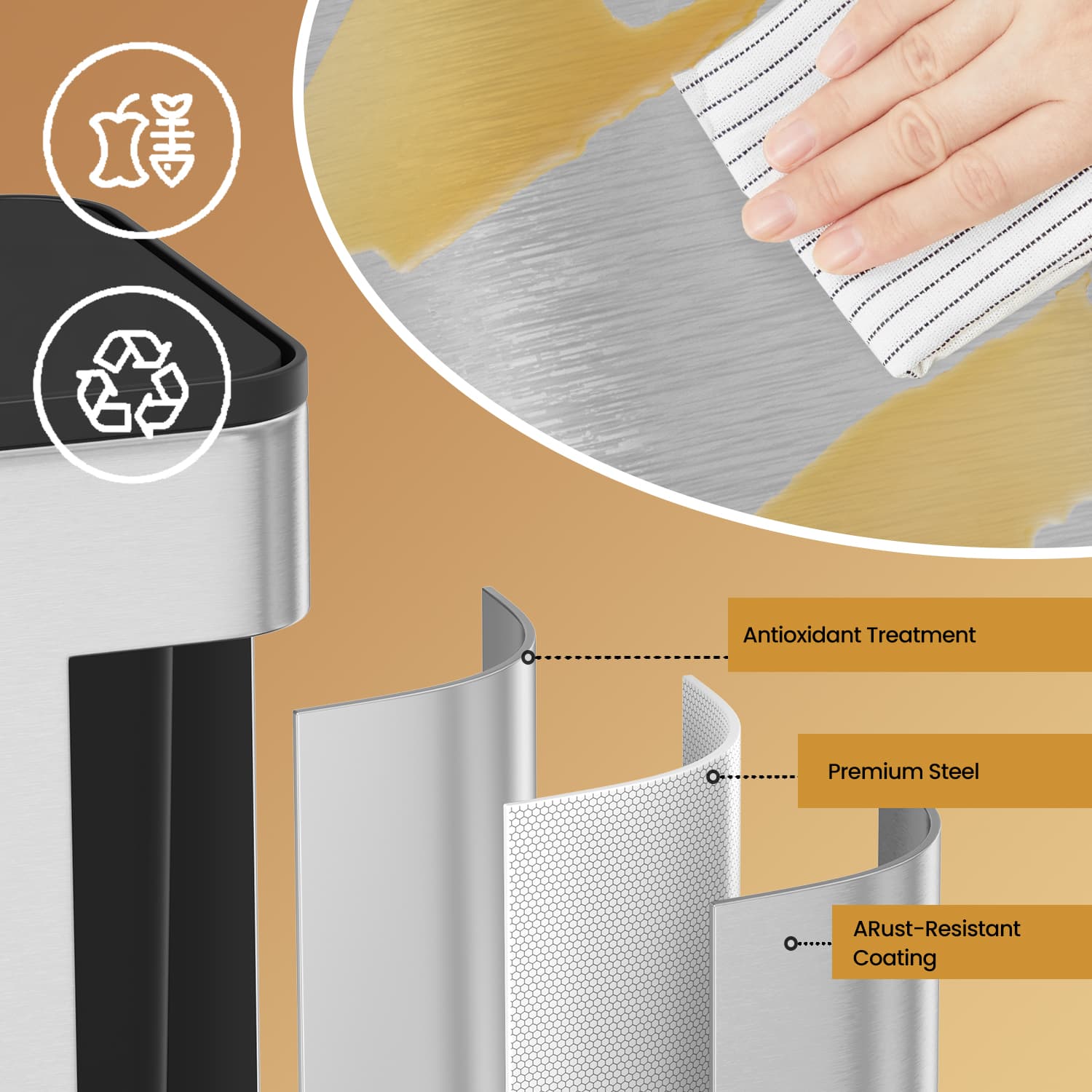 Hanging Kitchen Trash Can – Steel – 8L – Lid with Wall-Mount and Cabinet Door Hooks