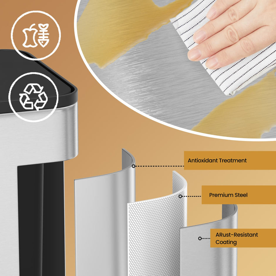 Hanging Kitchen Trash Can – Steel – 8L – Lid with Wall-Mount and Cabinet Door Hooks