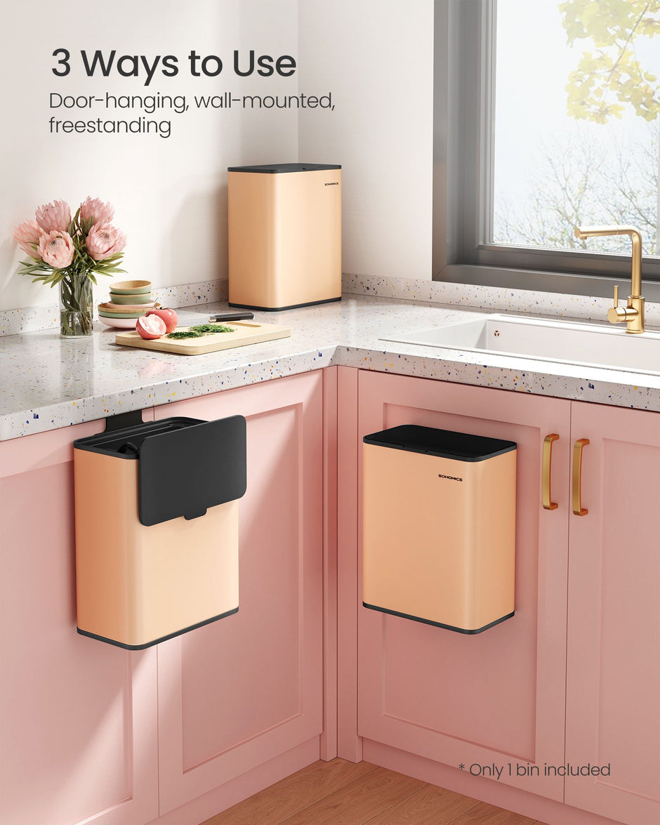 Hanging Kitchen Bin – Steel – Peach Fuzz – 8L, With Lid and Hooks for Food Waste Management