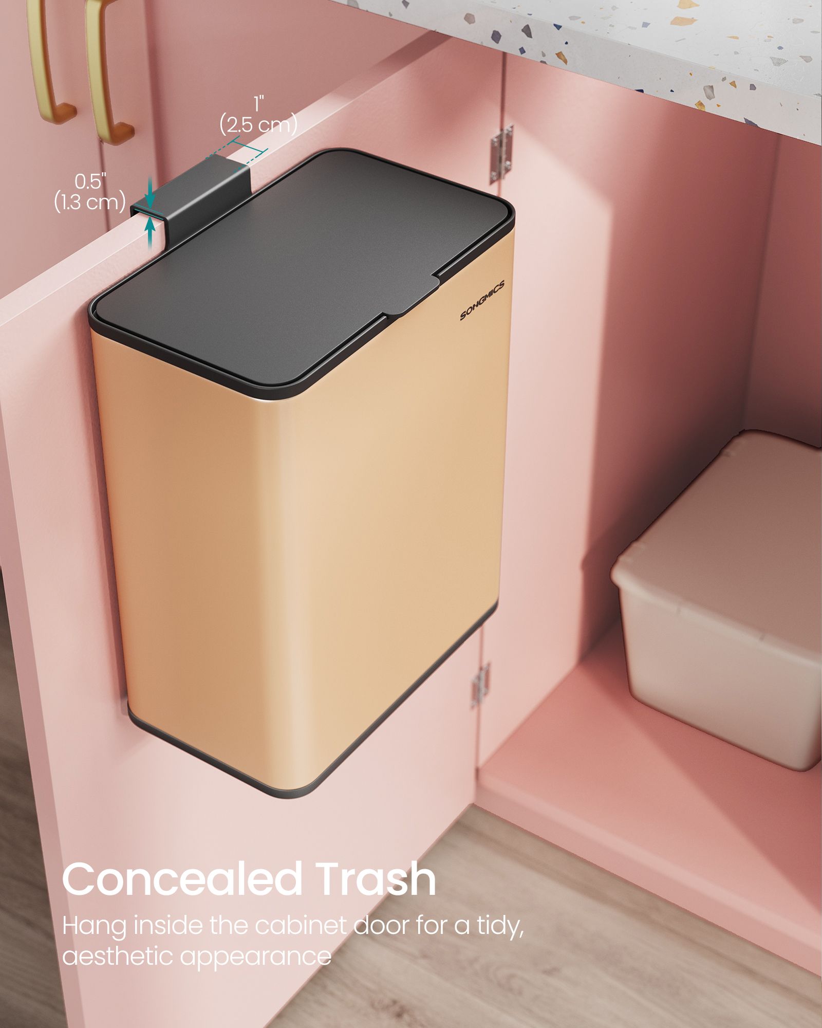 Hanging Kitchen Bin – Steel – Peach Fuzz – 8L, With Lid and Hooks for Food Waste Management