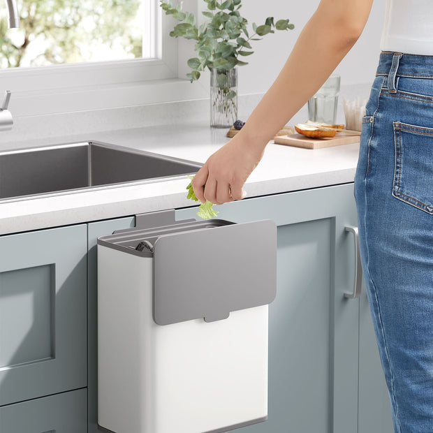 Hanging Steel Kitchen Bin – Cloud White – 8L Capacity – Lid for Food Waste with Hooks